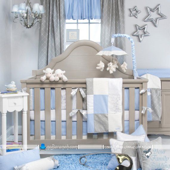 پرده اتاق کودک بچه رنگ بندی خاکستری آبی شیک کلاسیک ساده مدرن سیسمونی نوزاد.