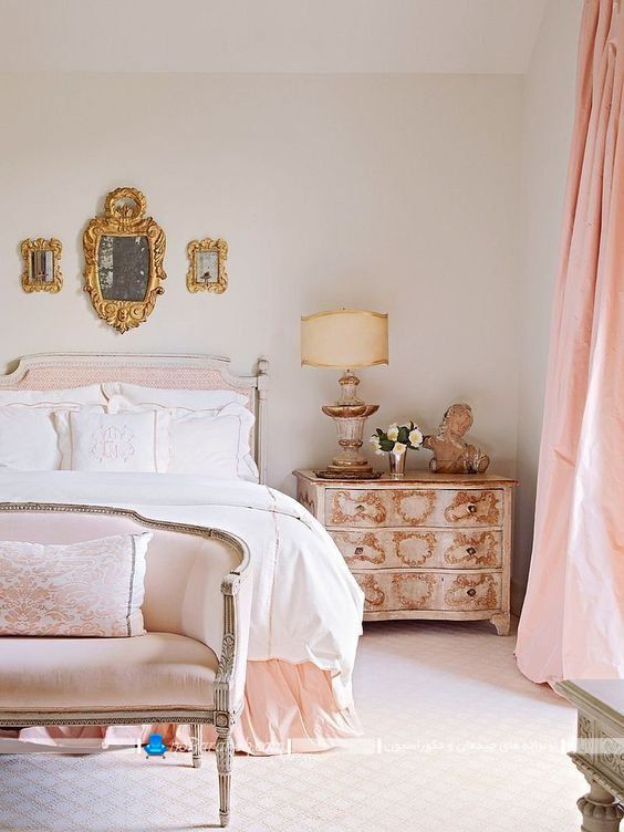 دکوراسیون پاریسی اتاق خواب با رنگ صورتی با دیزاین و چیدمان شیک زیبا فانتزی، مبلمان اتاق عروس در مدل لوکس سلطنتی گران قیمت