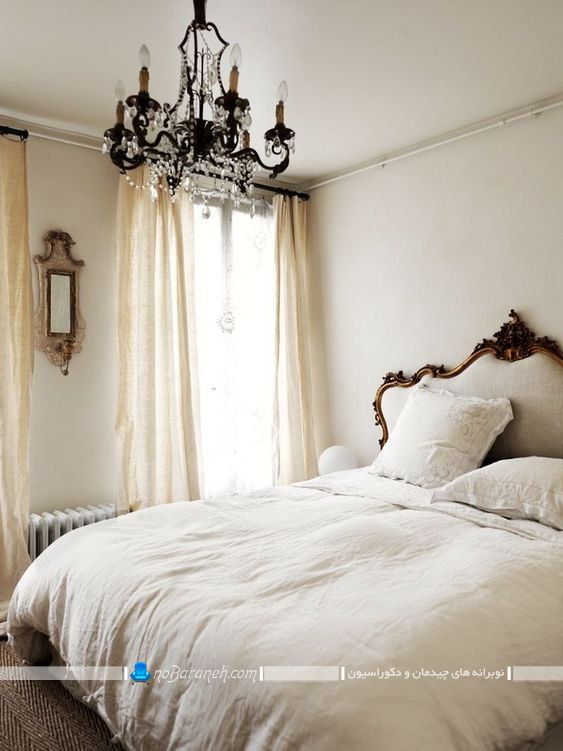 دیزاین اتاق خواب عروس به سبک فرانسوی و پاریسی ، مدل سرویس خواب سلطنتی شیک فانتزی برای اتاق عروس، عکس لوستر اتاق خواب با طراحی کلاسیک و کریستال