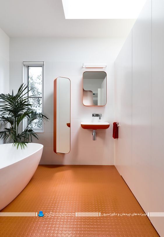 آینه و ست روشویی برای سرویس بهداشتی مدرن با طراحی شیک زیبا، مدل جدید دکوراسیون حمام و روشویی با رنگ سفید و نارنجی