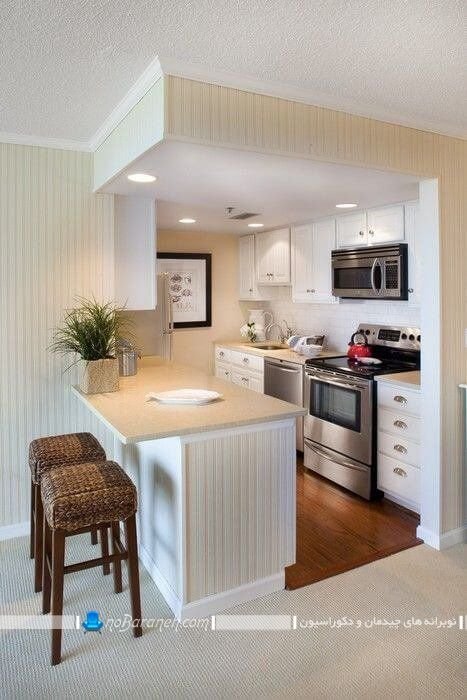 بهترین دکوراسیون ممکن برای آشپزخانه اپن کوچک با کابینت ارزان قیمت ساده شیک مدرن. کابینت سفید