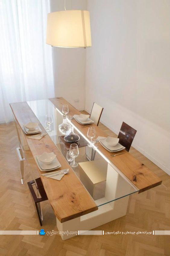 میز ناهار خوری مدرن چوبی و شیشه ای با طراحی نیمه فانتزی ، عکس مدل صندلی چوبی و شیشه ای فانتزی برای میز ناهارخوری