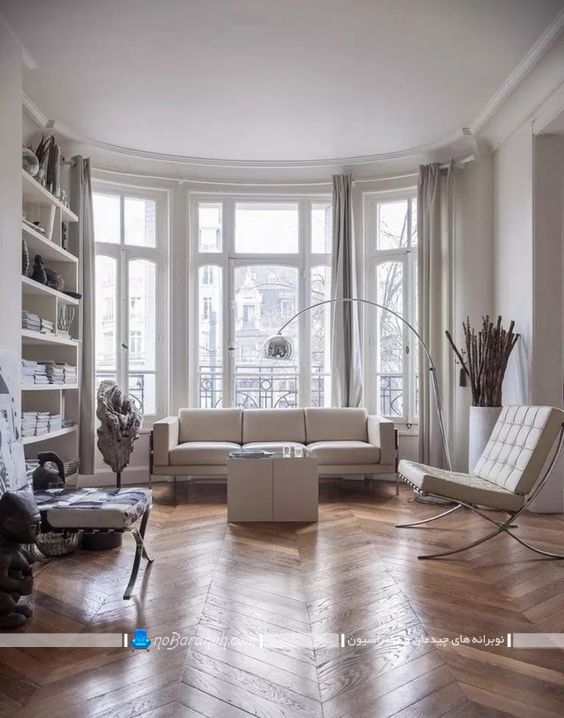 تزیین اتاق پذیرایی به سبک فرانسوی و پاریسی با هزینه کم و ارزان قیمت. مدل چیدمان ساده و شیک اتاق پذیرایی با مبل ساده سفید رنگ به همراه عکس.