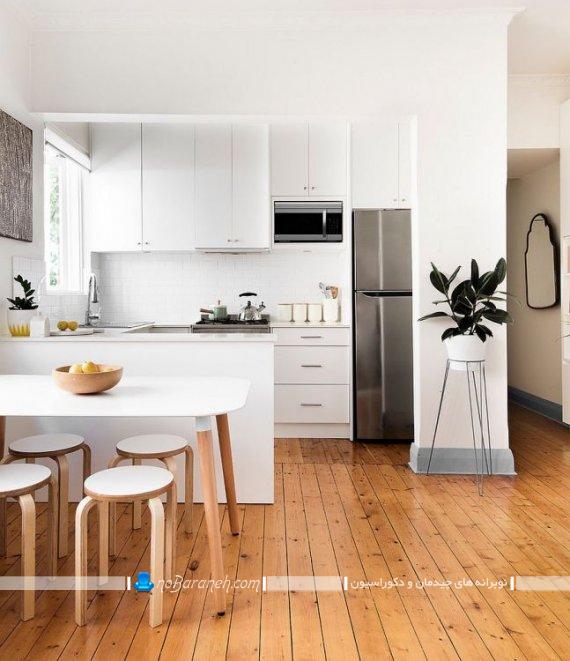 دکوراسیون آشپزخانه اپن به شکل مدرن / چیدمان و دیزاین آشپزخانه با رنگ سفید با عکس کابینت سفید برای آشپزخانه کوچک