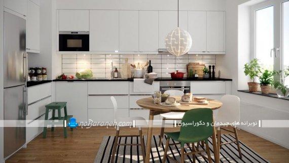 کابینت سفید و مدرن آشپزخانه ، طراحی دکوراسیون آشپزخانه با رنگ سفید ، کفپوش چوبی آشپزخانه / چیدمان میز ناهارخوری در مرکز آشپزخانه