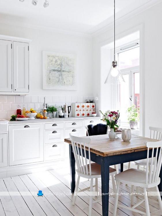 دکوراسیون آشپزخانه اسکاندیناوی با کابینت سفید ، دیزاین آشپزخانه با رنگ سفید به شکل مدرن و ساده / تزیین آشپزخانه با هزینه کم و ارزان ، کفپوش چوبی سفید رنگ 