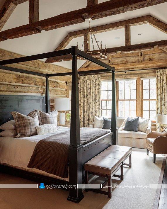 دکوراسیون سلطنتی و روستیک کلاسیک اتاق خواب، دیوارپوش و سقف چوبی اتاق خواب ، مدل تخت خواب برای اتاق خواب روستایی