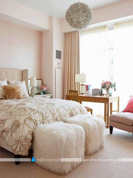 مدل اتاق خواب عروس با طراحی شیک و ارزان قیمت ، دیزاین اتاق عروس و داماد با رنگ های روشن گل بهی و صورتی و کرم / عکس
