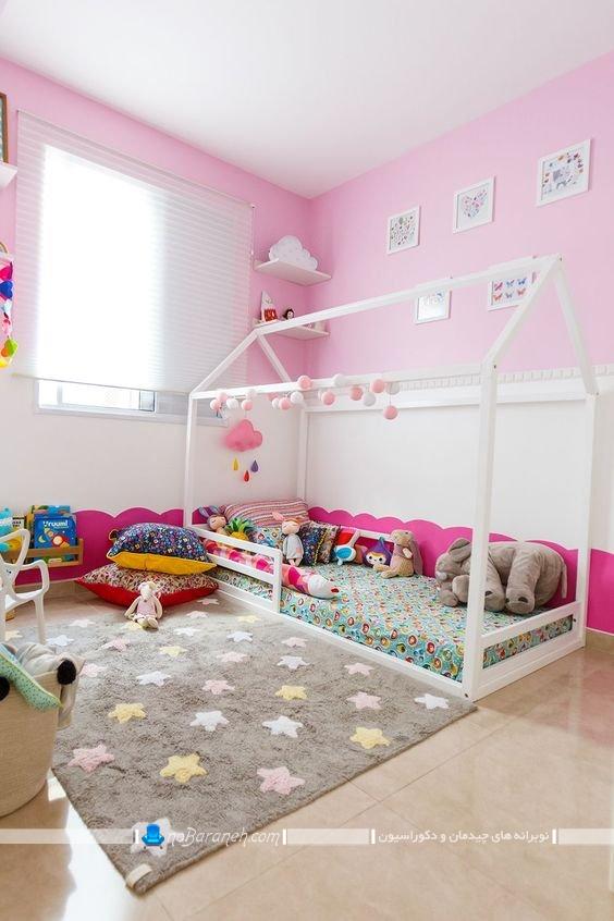 تزیین دخترانه اتاق کودک ، دیزاین اتاق بچه با رنگ صورتی و سفید برای نوزاد دختر ، تخت خواب مدرن و جدید برای کودک نوزاد با قیمت ارزان