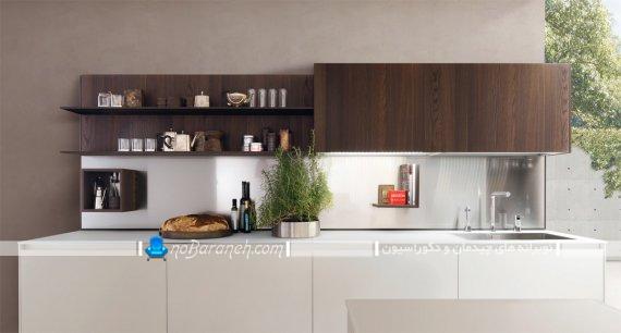 مدل کابینت با رنگ بندی سفید و قهوه ای برای آشپزخانه اپن