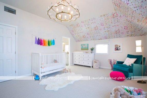 دکوراسیون دخترانه و مدرن اتاق نوزاد با رنگ سفید. مدل های جدید مبلمان اتاق نوزاد.