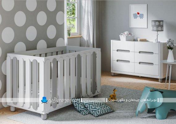 دکوراسیون مدرن و جدید اتاق کودک با رنگ طوسی و سفید. مدل جدید مبل و سرویس خواب نوزاد