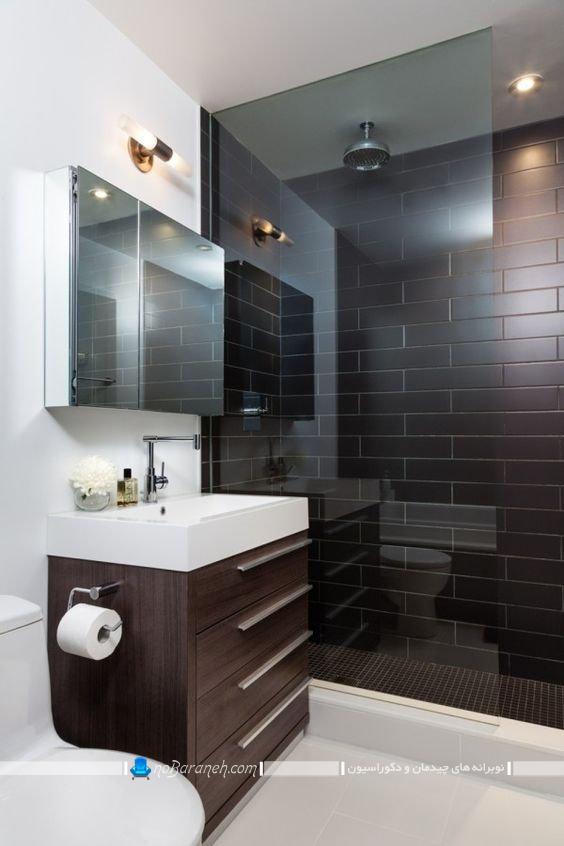 دیزاین حمام و توالت با رنگ کاکائویی شیک مدرن لاکچری، طراحی دکوراسیون سرویس بهداشتی با کاشی و سرامیک شیک