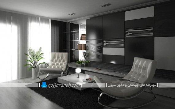 مدل دکوراسیون مدرن اتاق نشیمن با رنگ سیاه و سفید. طراحی دکوراسیون فانتزی پذیرایی کوچک.