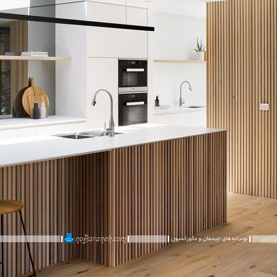 دکوراسیون شیک و مدرن آشپزخانه اپن با چوب. دکوراسیون چوبی و مدرن آشپزخانه مدرن و جزیره اپن